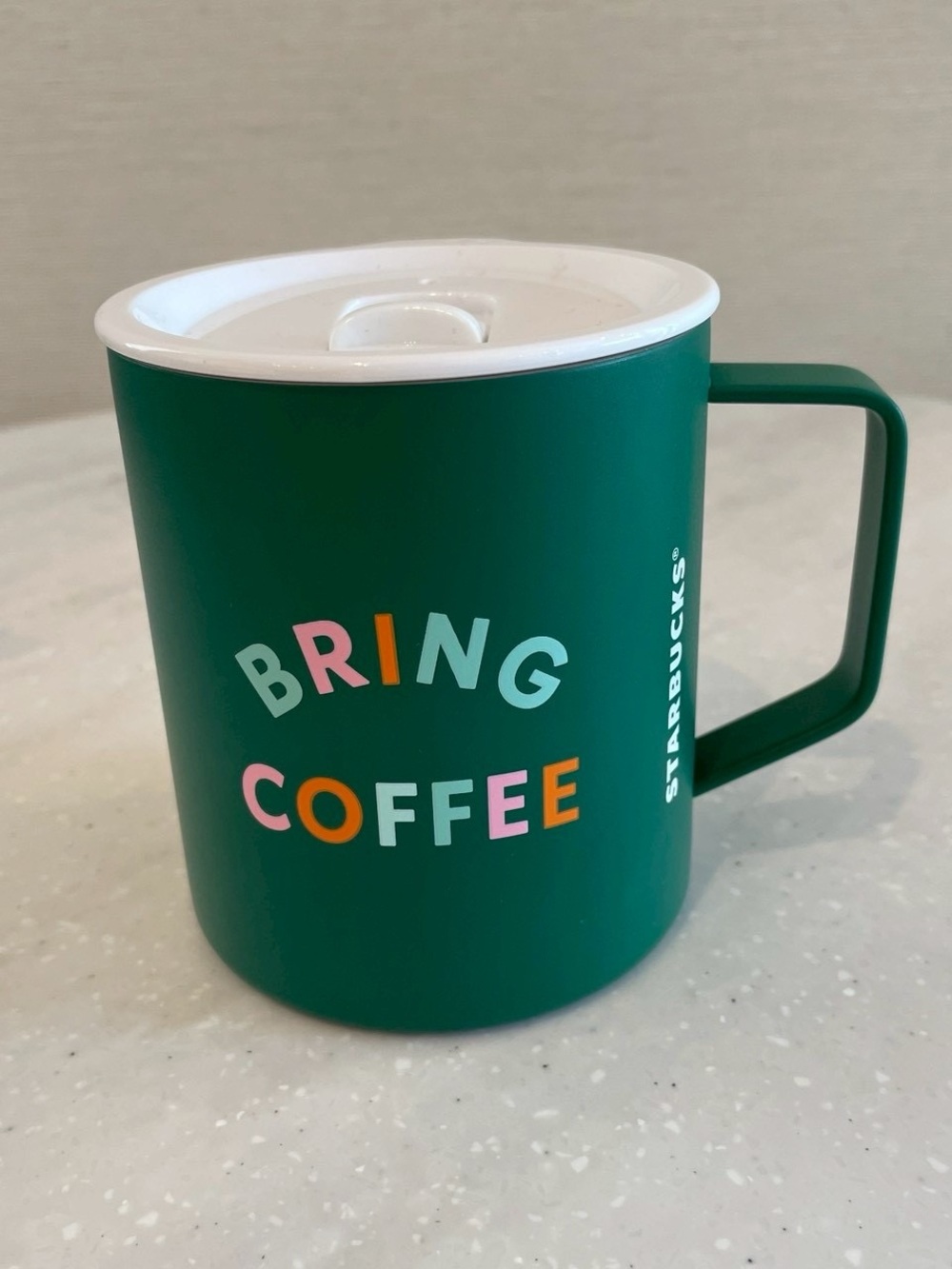 Starbucks Green Travel Mug with Multicolor "BRING COFFEE" Text and White Lid